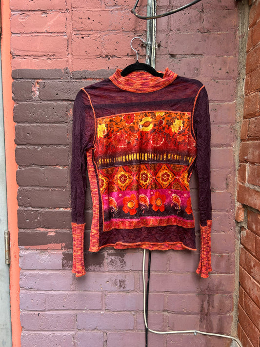 Y2K Vintage Orange & Purple Mesh Knit Longsleeve Top / Size M