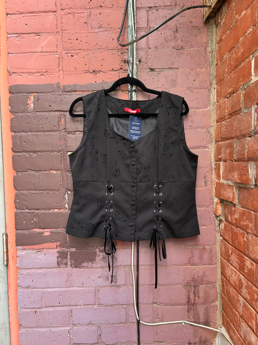 90's Vintage Black Lace Up Corset Vest / Size L