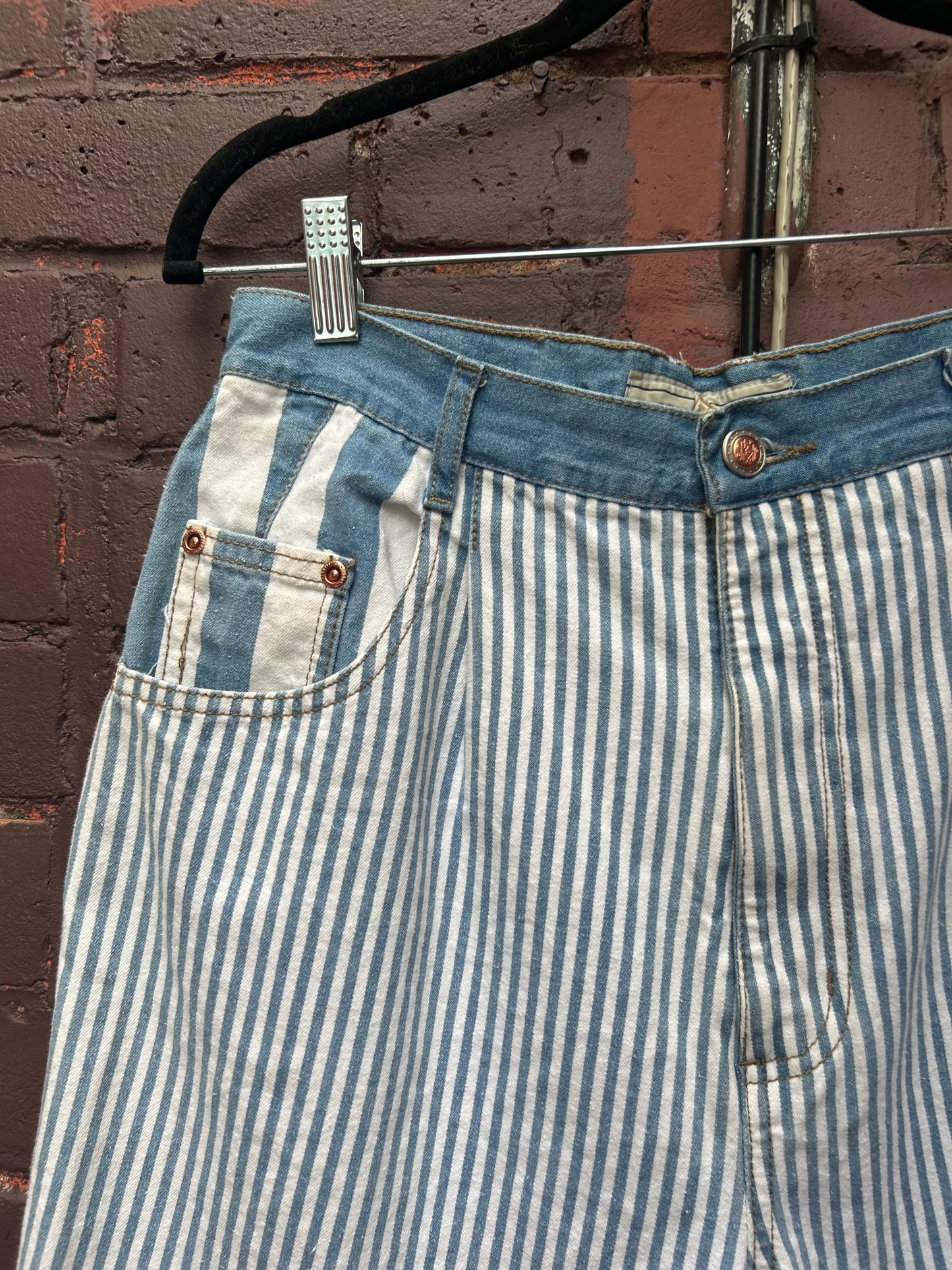 90's Vintage Blue & White Striped Cotton High Waist Shorts / 30 Waist