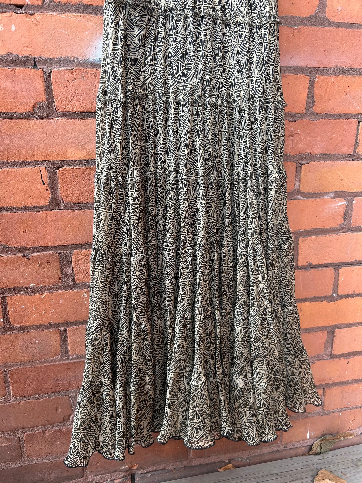 90’s Vintage Silk Beige & Black Print Tiered Maxi Dress / Size 6–8