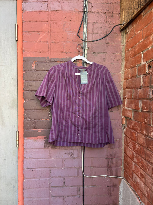 90’s Vintage Purple Striped Cropped Short Sleeve Blouse / Size XL