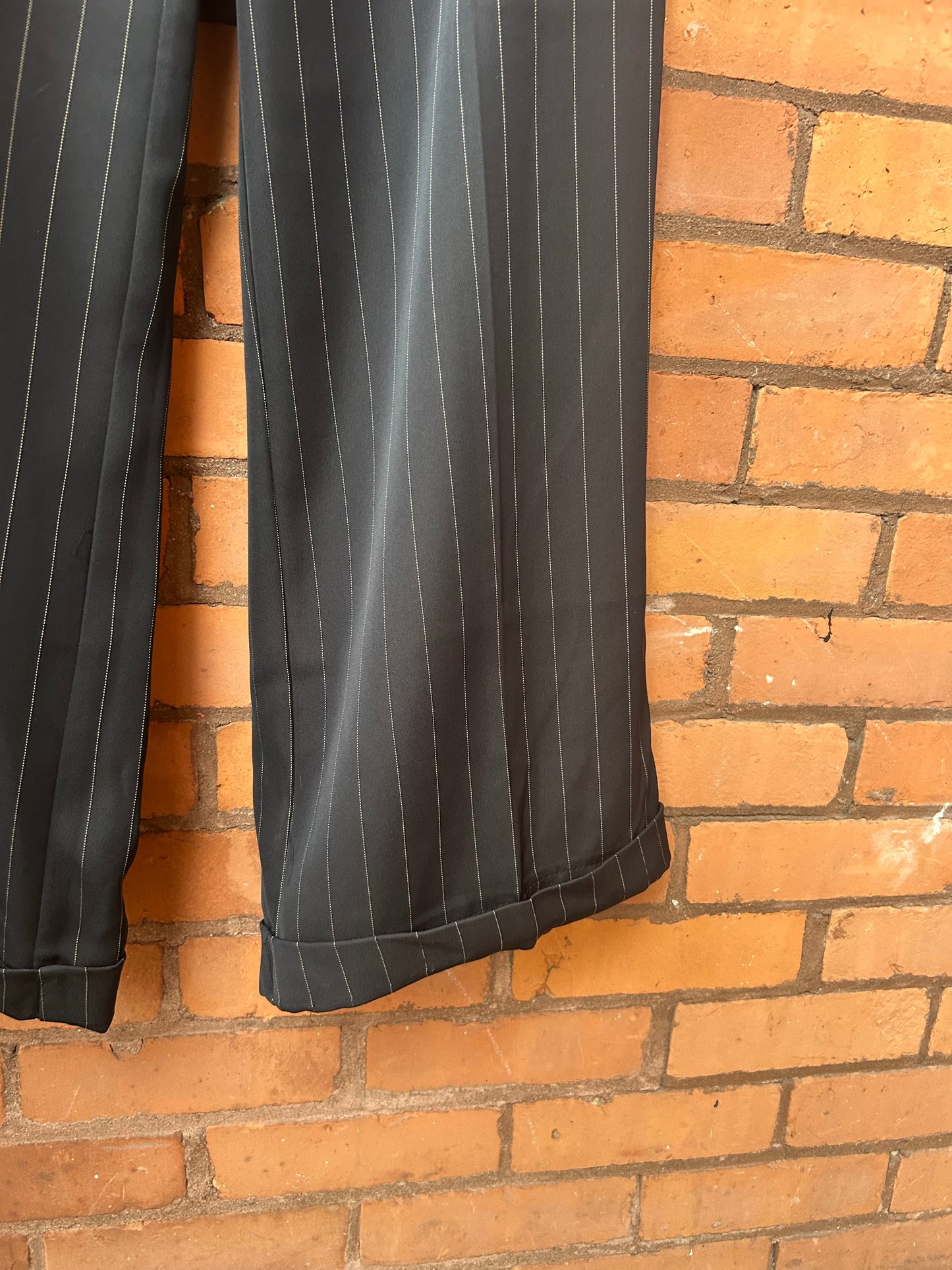90’s Vintage Navy Pinstripe Wide Leg Trousers / 30 waist