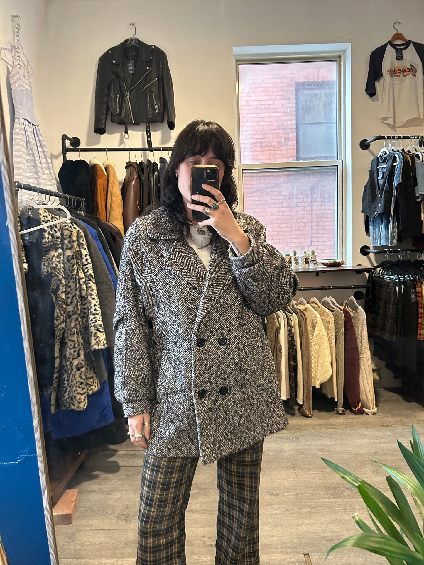 80’s Vintage Tweed Double Breasted Slouchy Midi Coat / Size L
