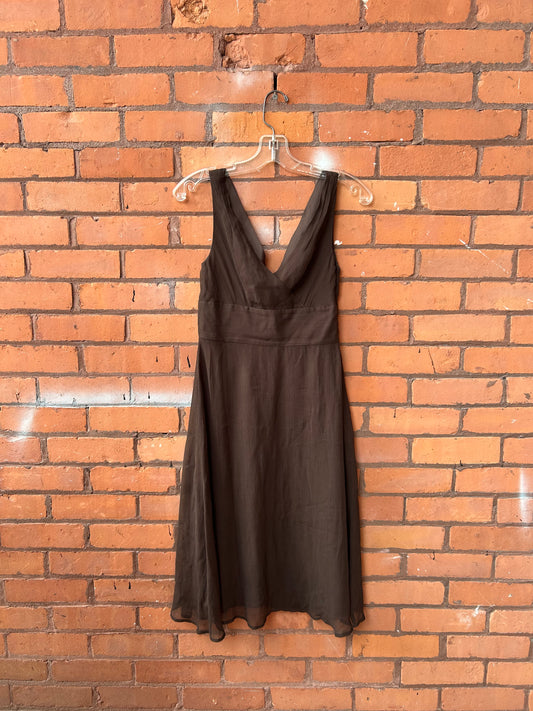 Y2K Vintage Brown Silk Midi Dress / Size 0-2