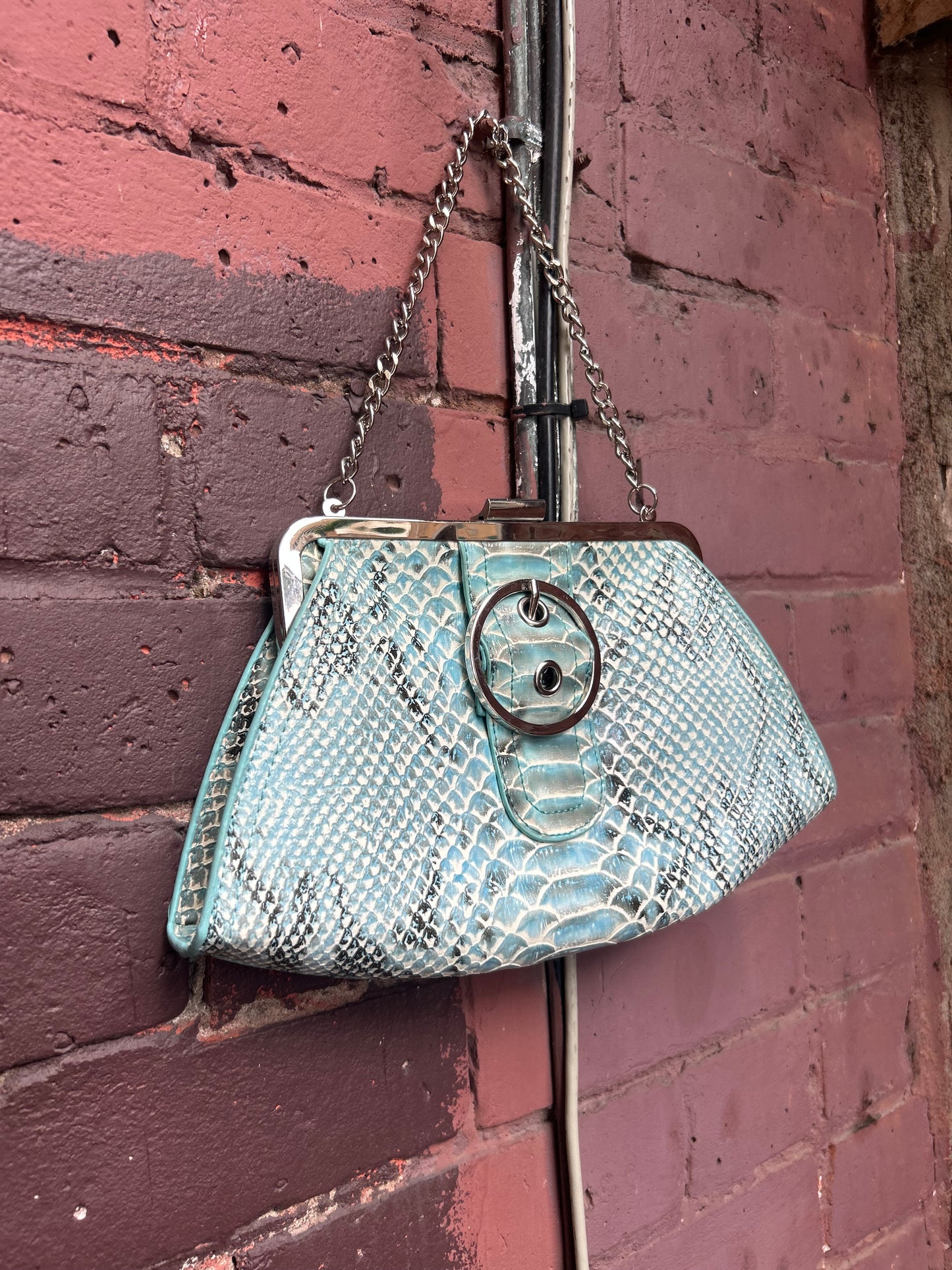 Y2K Vintage Blue Snake Print Leather Chain Purse