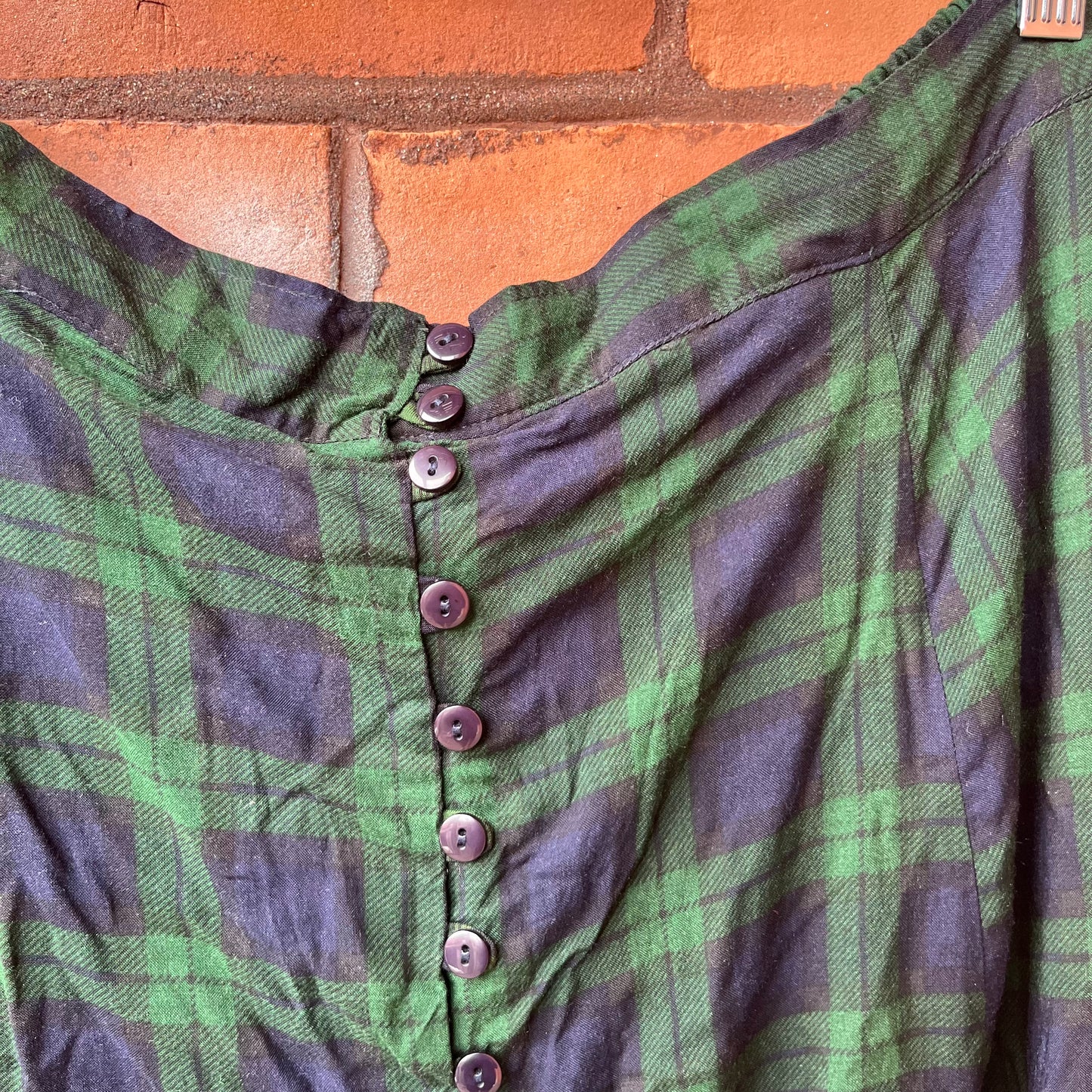 90’s Vintage Green & Navy Tartan Button Down Midi Skirt / 42 - 44 Waist