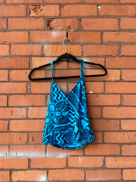 90’s Vintage Blue Floral Halter Swim Tank Top / Size S