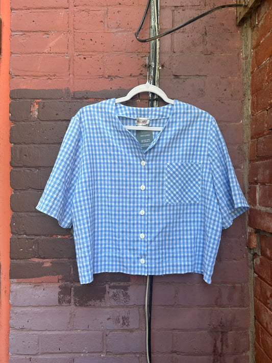 90's Vintage Cropped Blue Gingham Short Sleeve Button Down / Size XL