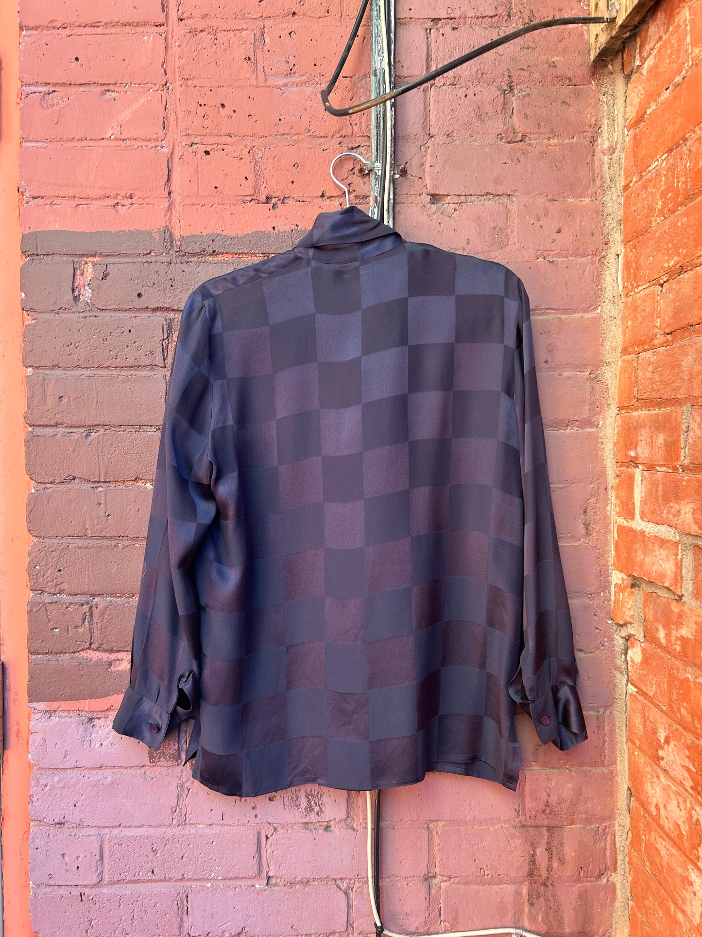 90's Vintage Checkered Navy Silk Tie Neck Blouse / Size M