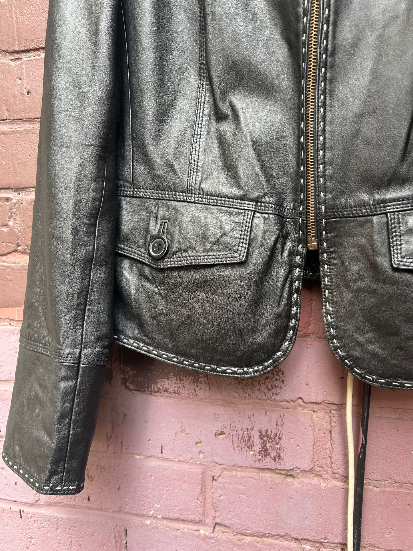 Y2K Vintage Black Leather Contrast Stitch Zip Up Jacket / Size L