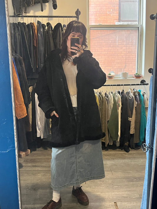 90’s Vintage Black Suede Plush Hooded Overcoat / Size L