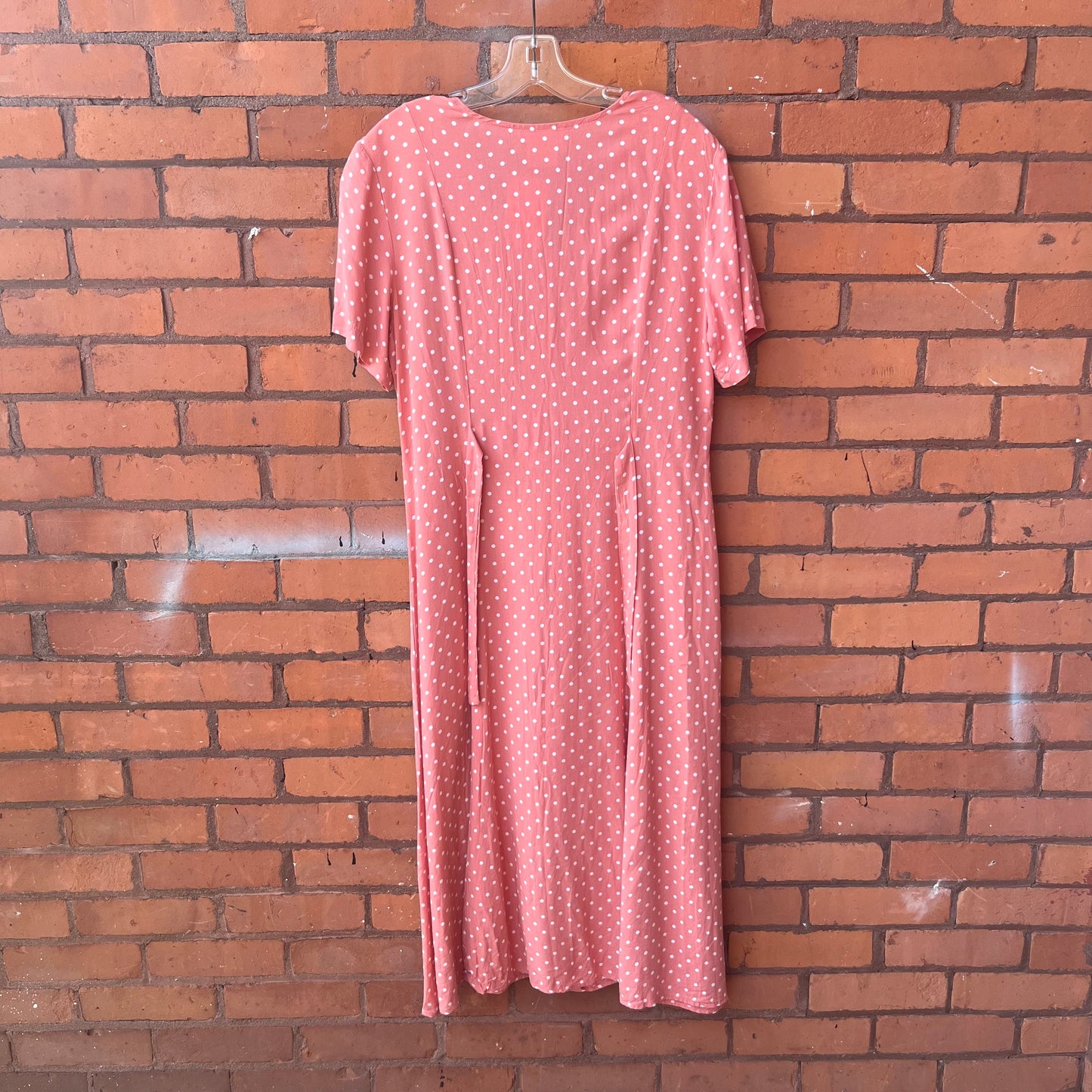 90’s Vintage Pink & White Polka Dot Button Down Maxi T-Shirt Dress / Size L