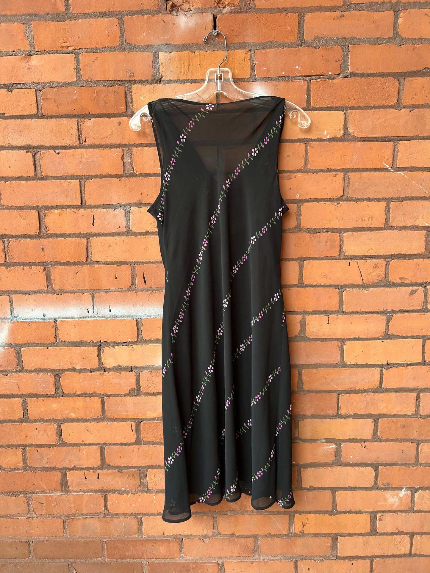 90’s Vintage Black & Pink Floral Overlay Midi Dress / Size 14-16