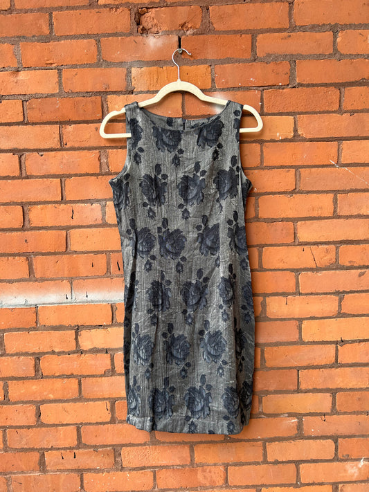 90’s Vintage Silver Metallic Rose Print High Neck Mini Dress / Size 4-6