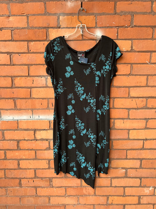 90’s Vintage Black & Blue Floral Asymmetrical Mini Dress / Size XL