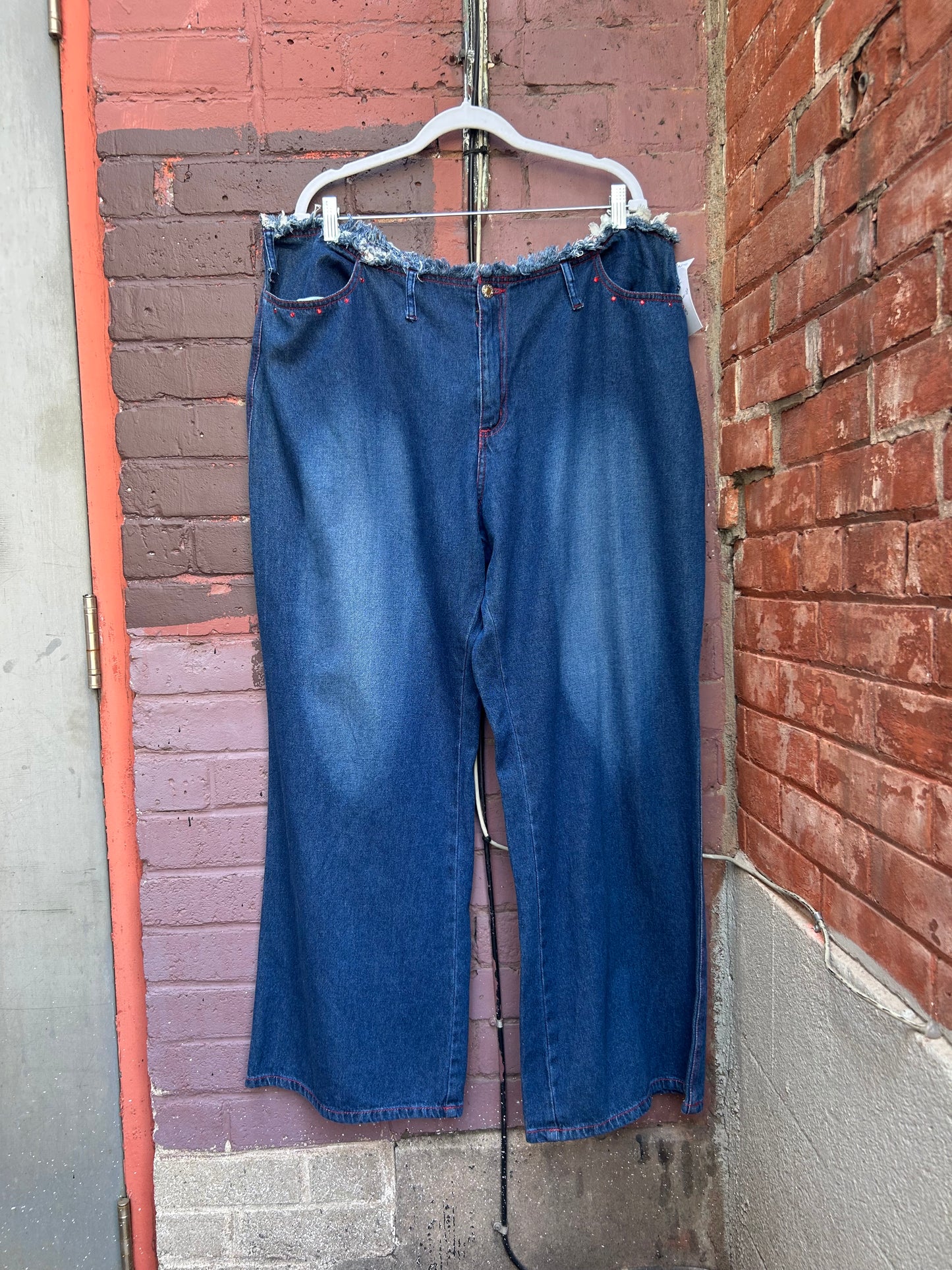 Y2K Vintage Blue & Red Rhinstone Fray Flare Jeans / 44 Waist