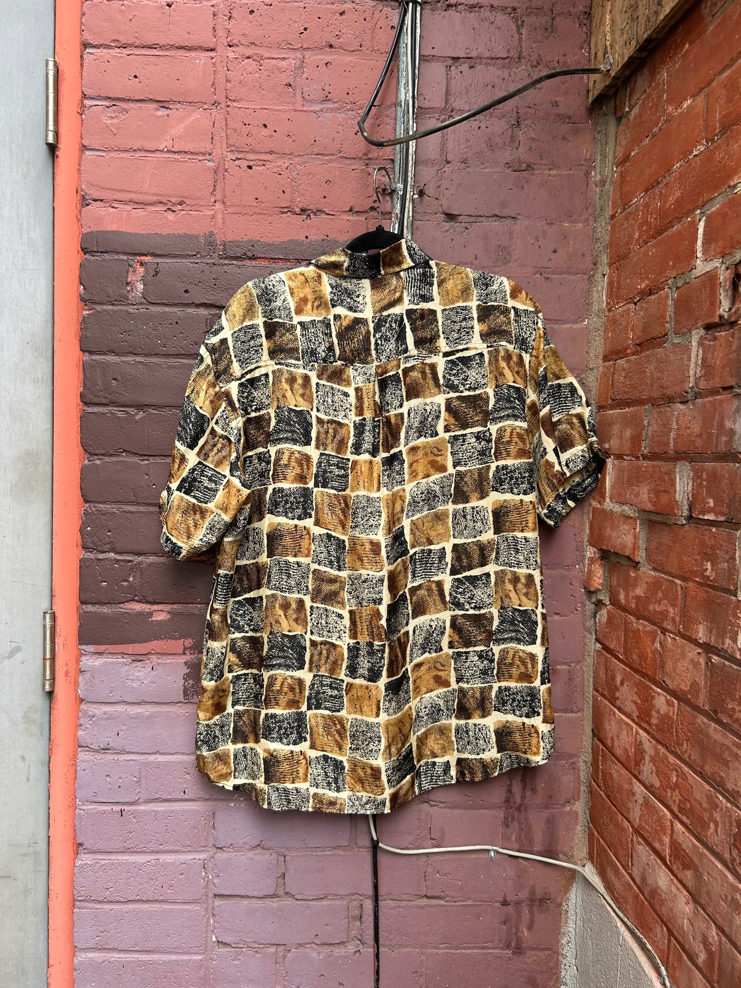 90’s Vintage Brown & Grey Silk Button Down Shirt / Size L