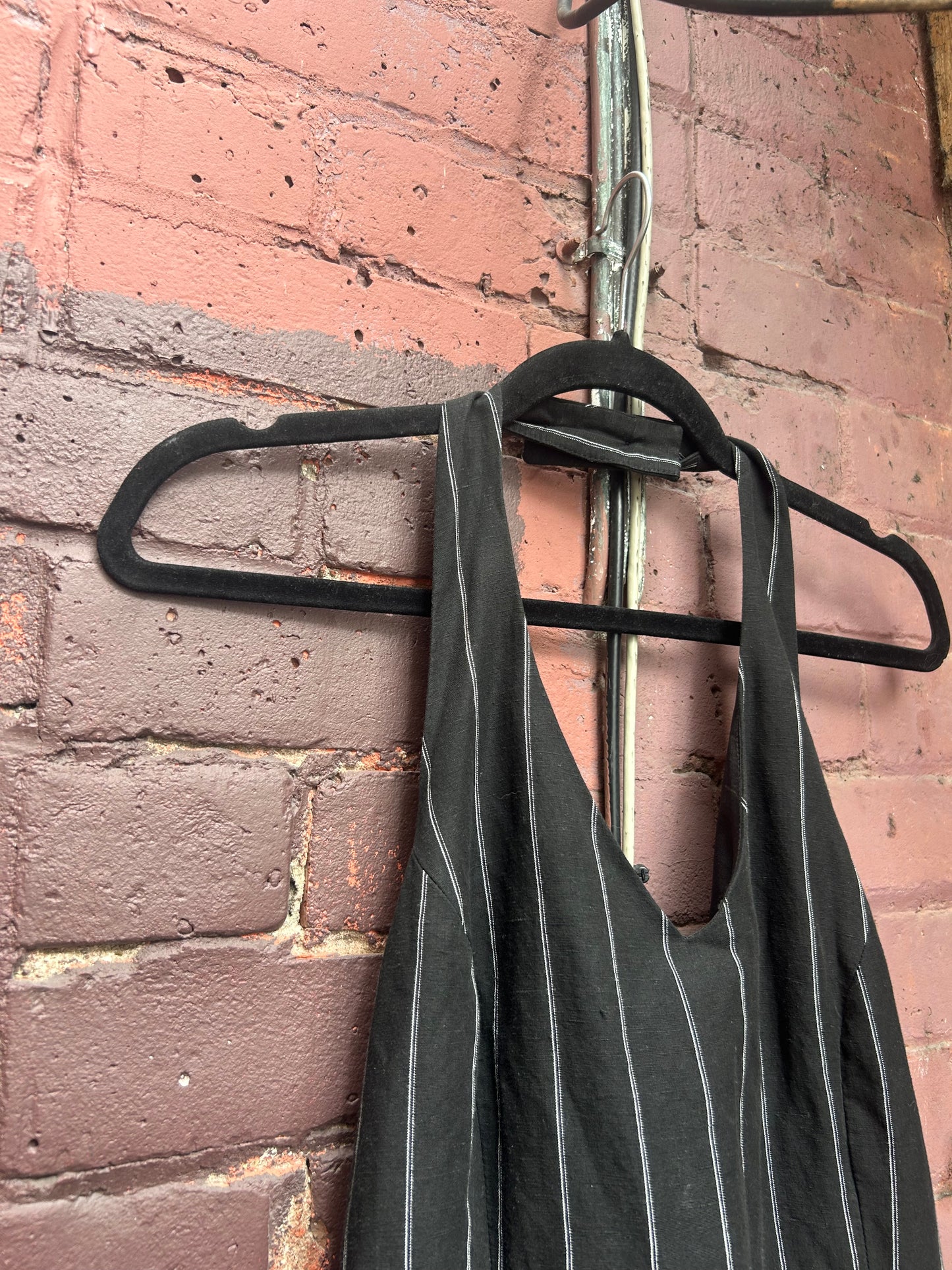 90's Vintage Black & White Pinstripe Linen Blend Halter Dress / Size 8