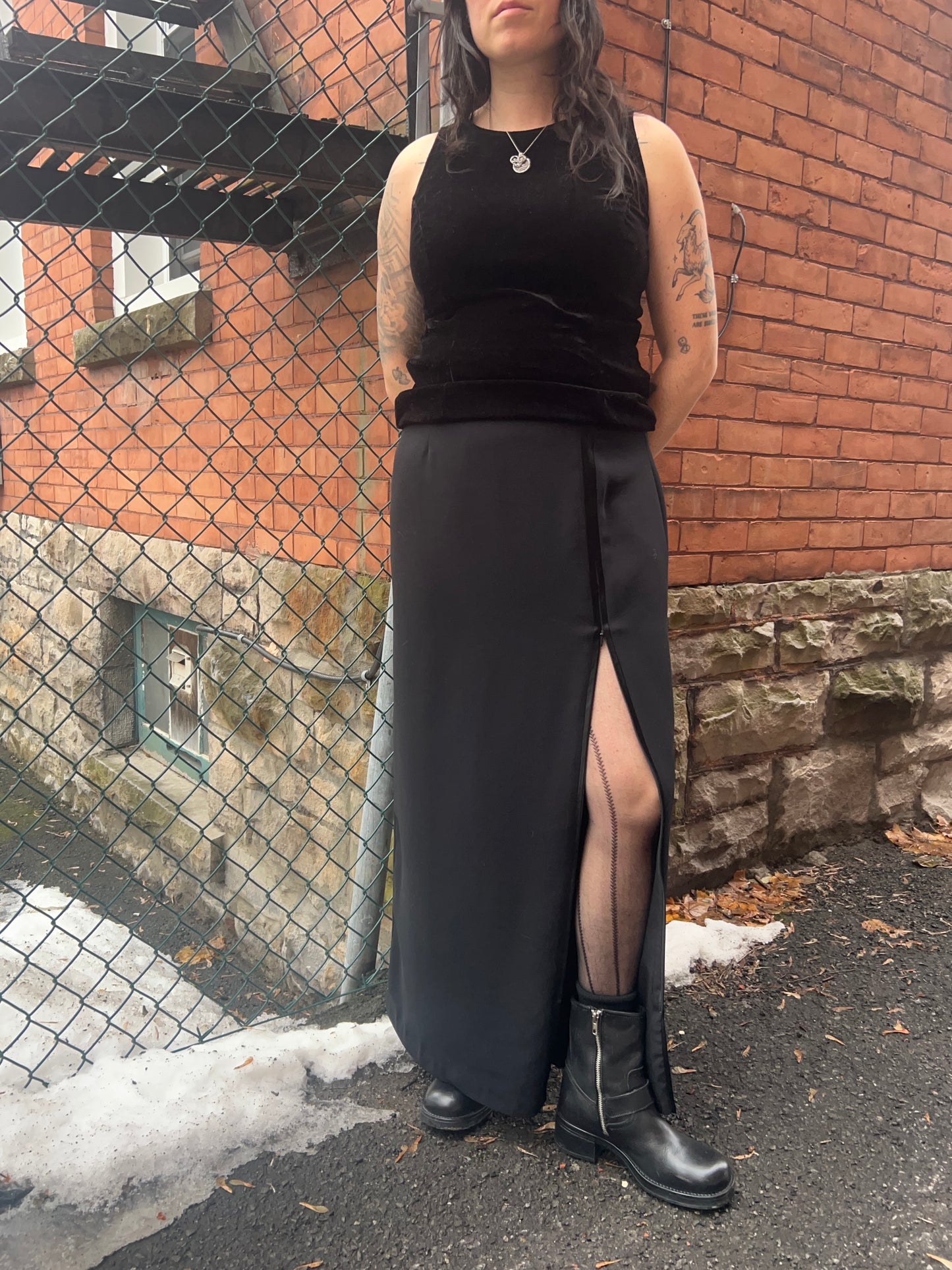 90’s Vintage Black Zip Slit Maxi Skirt / 30 Waist