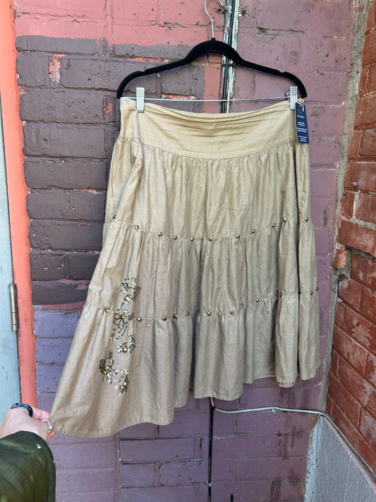 Y2K Vintage Beige Cotton Stud & Sequin Tiered Midi Skirt / 34 Waist