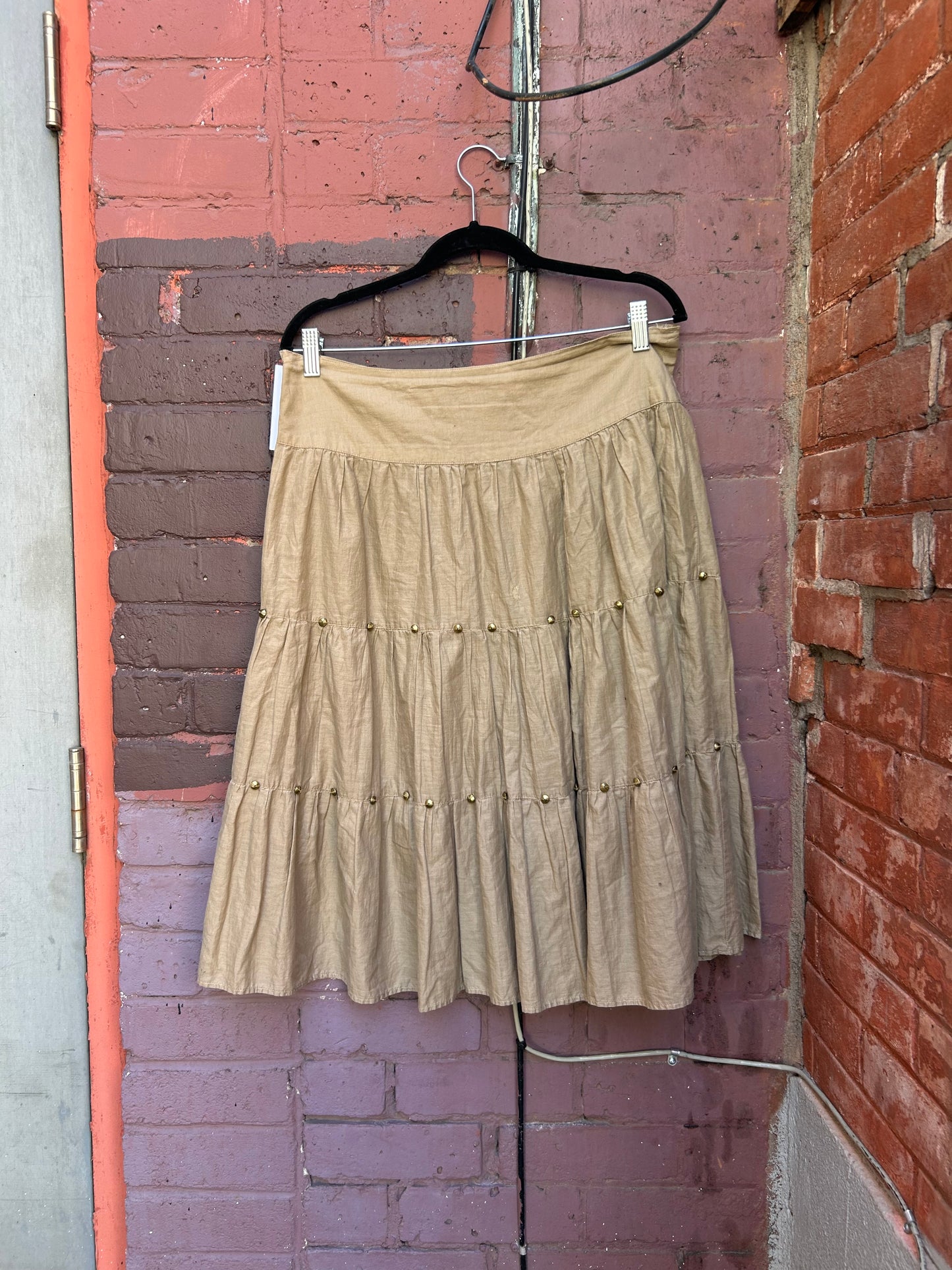 Y2K Vintage Beige Cotton Stud & Sequin Tiered Midi Skirt / 34 Waist