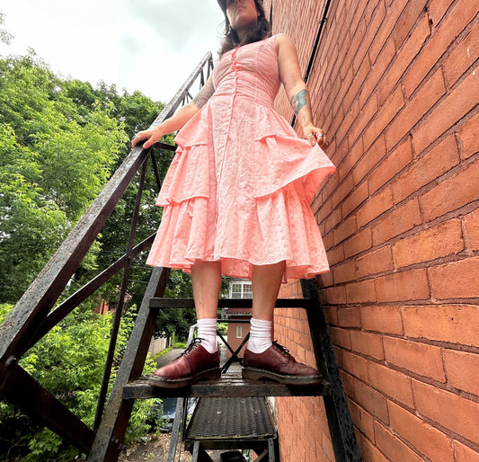 90’s Vintage Pink Eyelet Cotton Tiered Button Down Maxi Dress / Size 6