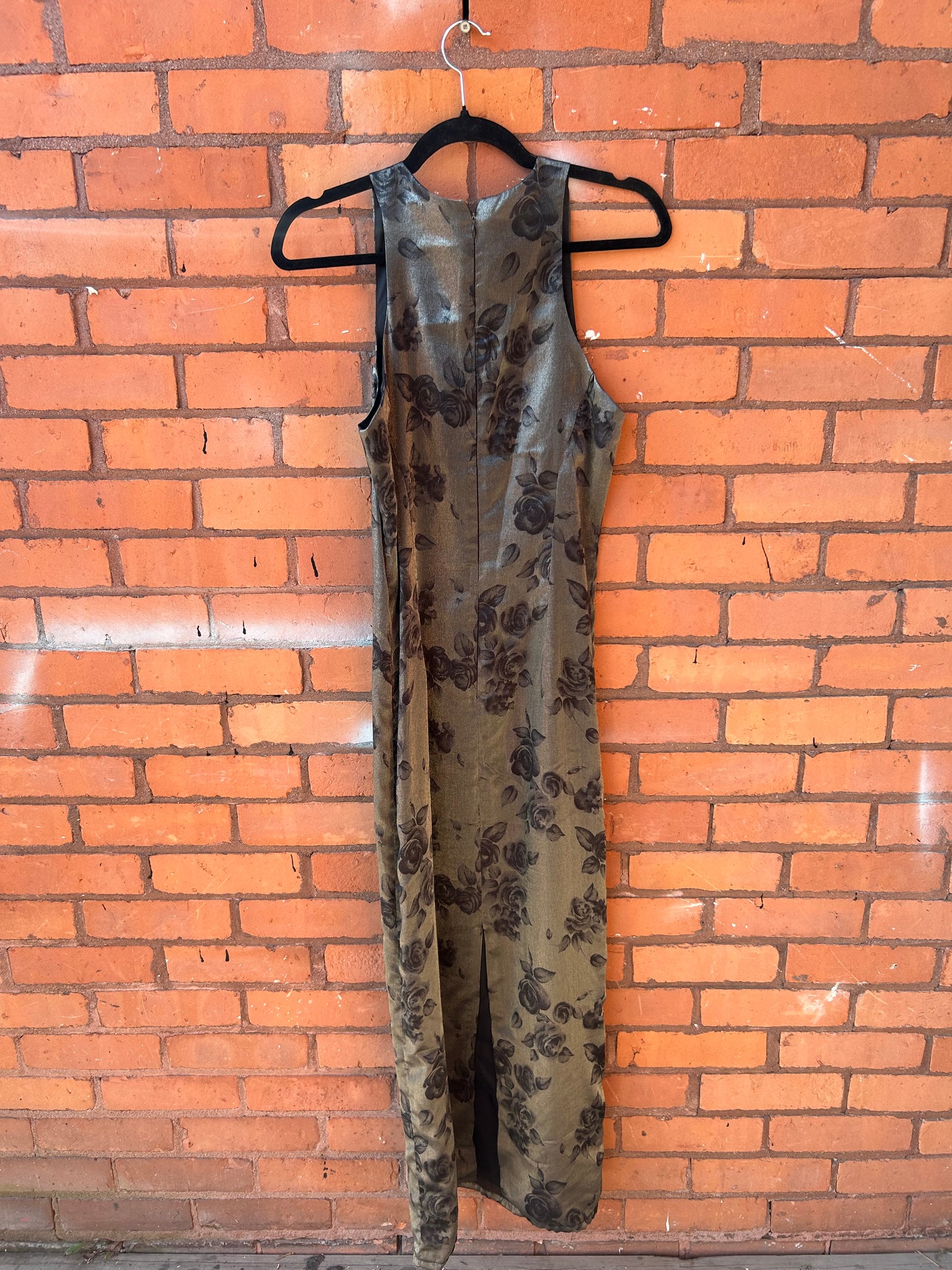 90’s Vintage Silver Rose High Neck Maxi Dress / Size 6-8