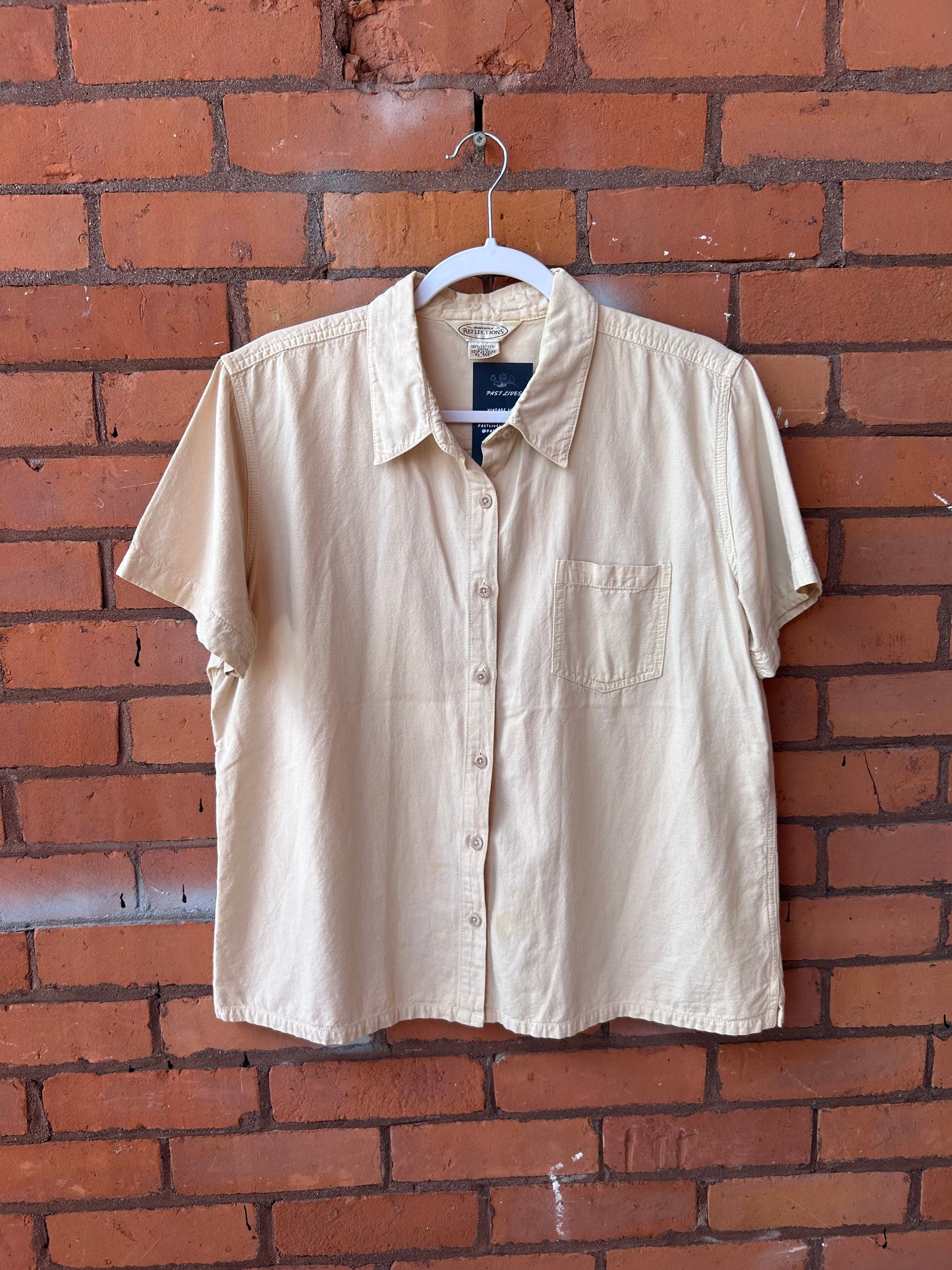 Y2K Vintage Cream Cotton Short Sleeve Button Down Shirt / Size L