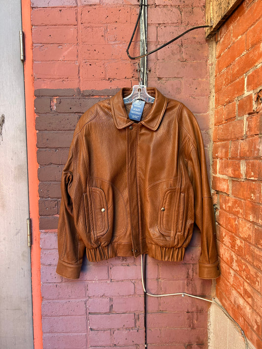 90's Vintage Brown Leather Bomber Jacket / Size M