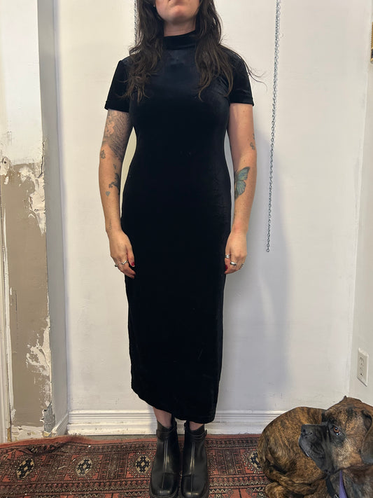 90’s Vintage Black Velvet Mockneck Maxi Dress / Size 8-10