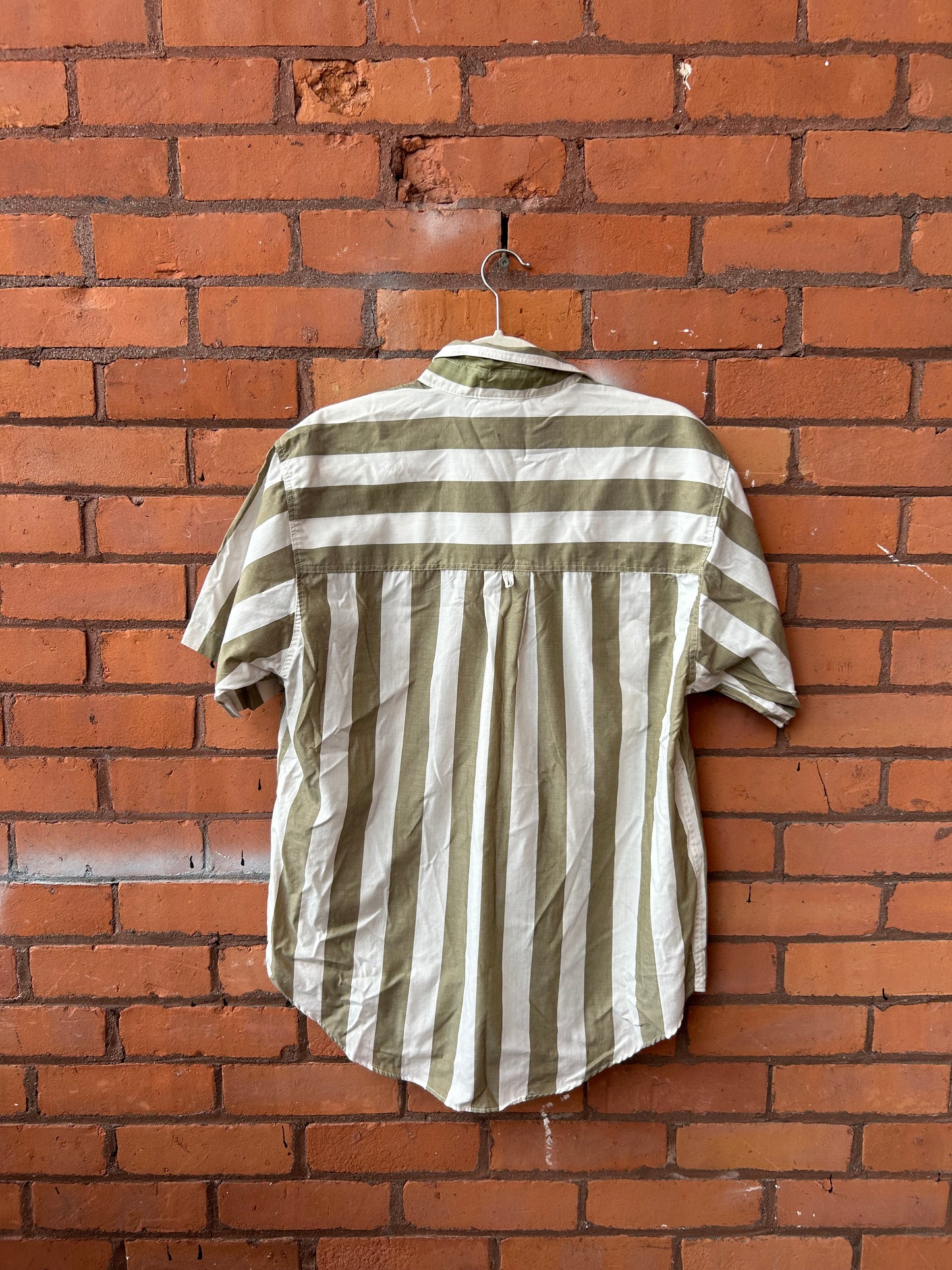 90’s Vintage Bold Olive & White Striped Short Sleeve Button Down / Size L