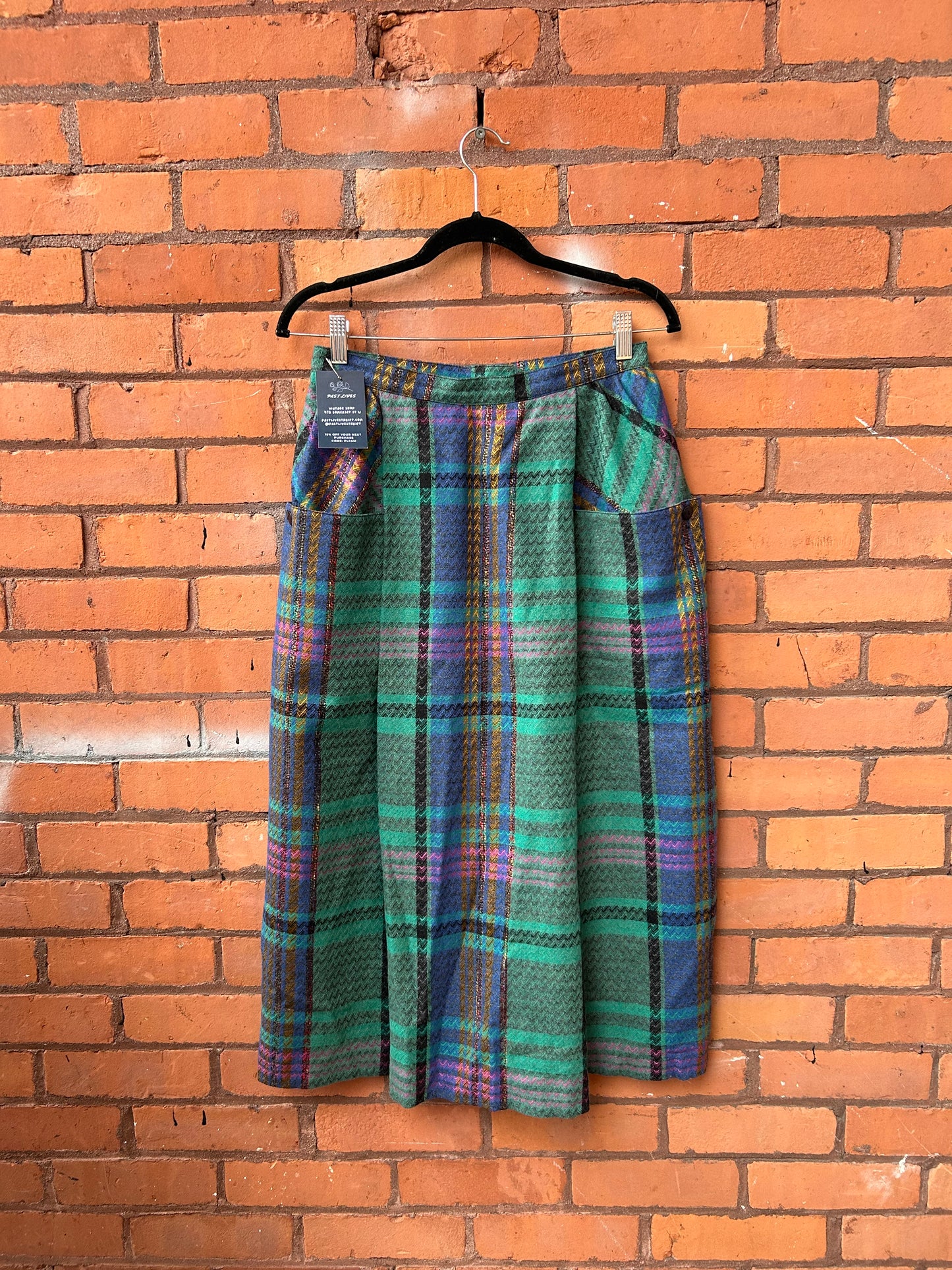 90’s Vintage Teal Plaid Midi Skirt / 29 Waist