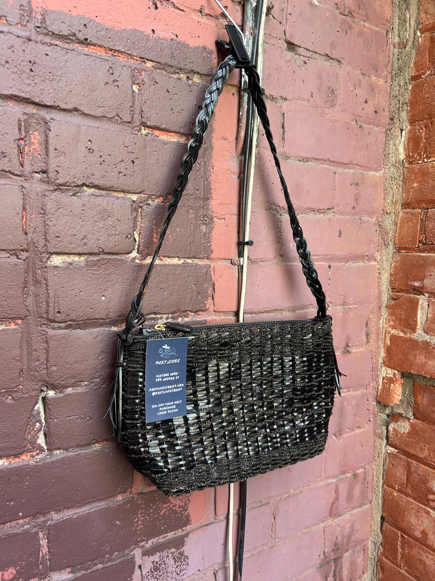 90's Vintage Black Woven Leather Shoulder Purse