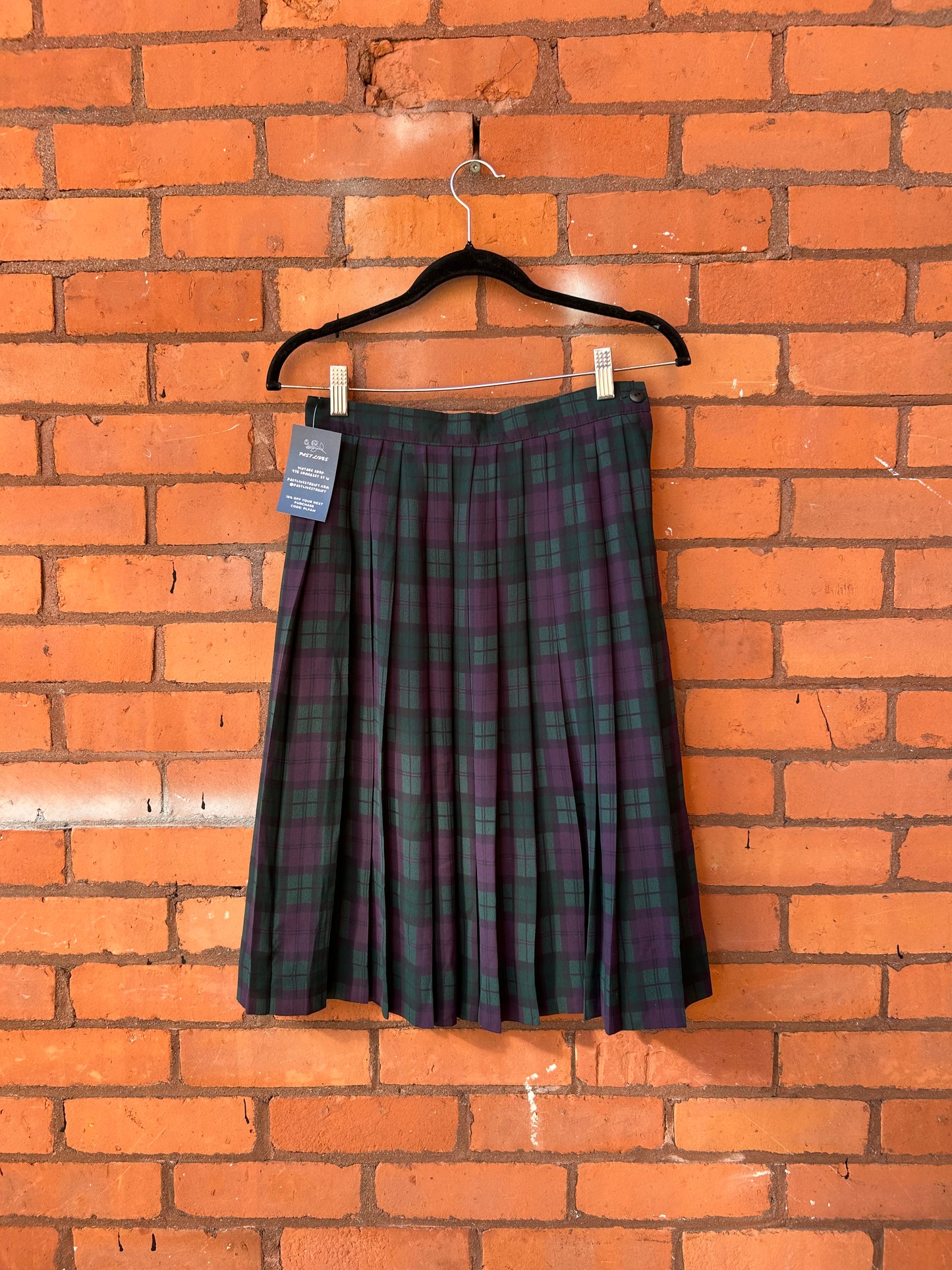 90’s Vintage Purple & Green Plaid Pleated Midi Skirt / 28 Waist