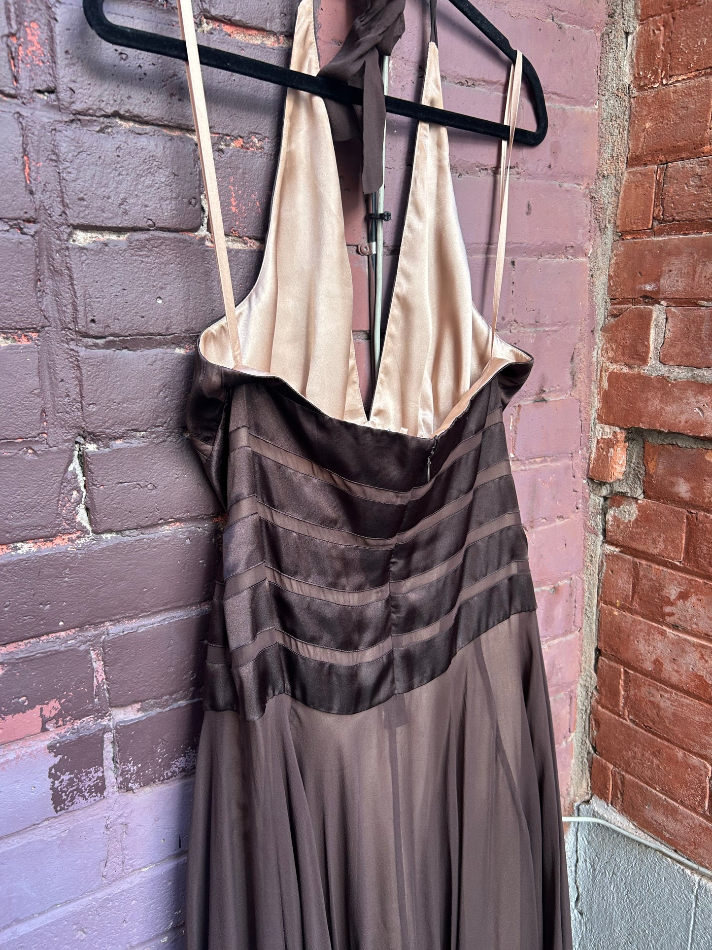 Y2K Vintage Brown Silk Halter Fairy Hem Dress / Size 14