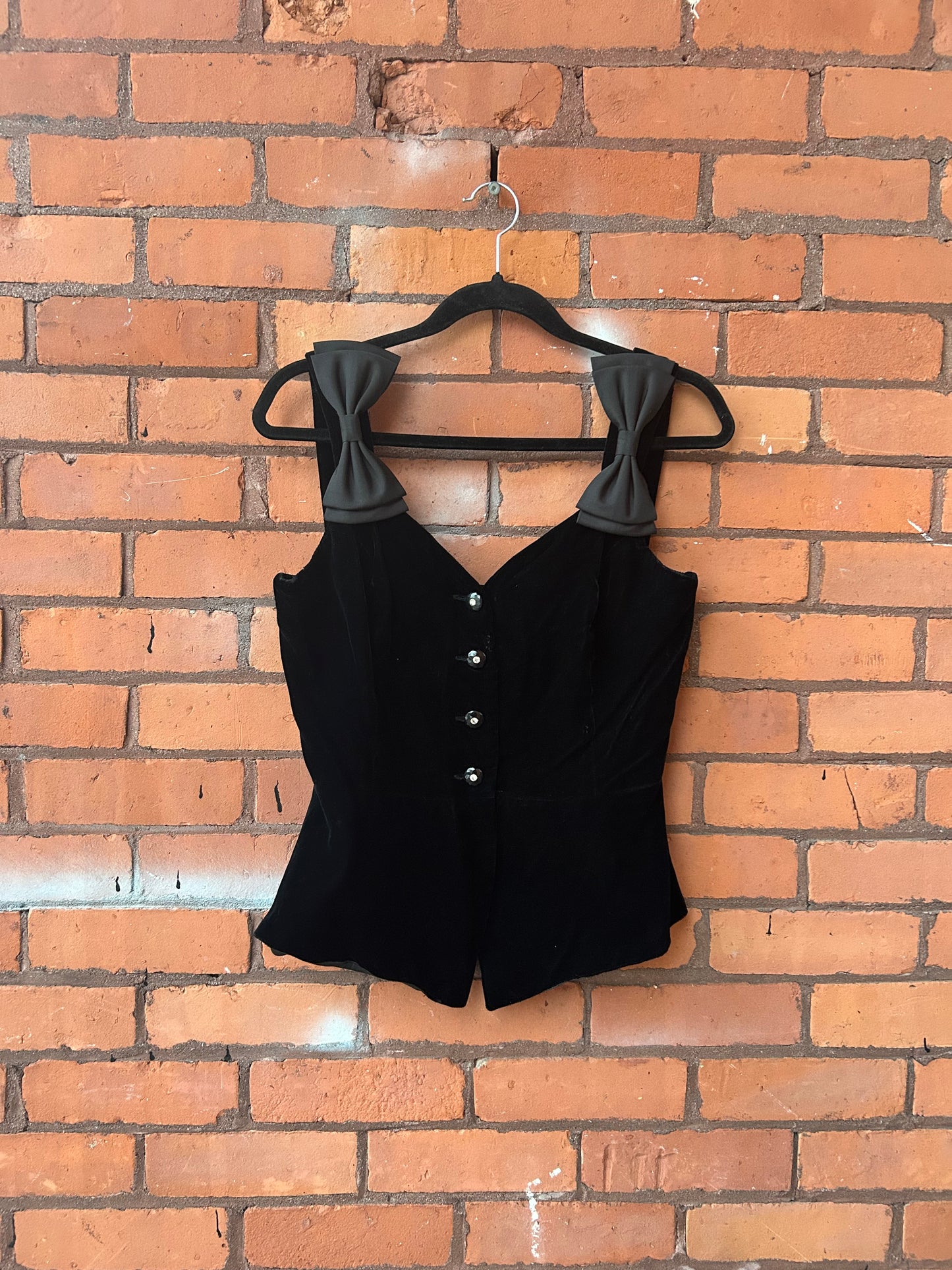 90’s Vintage Black Velvet Bow Vest Top / Size S-M