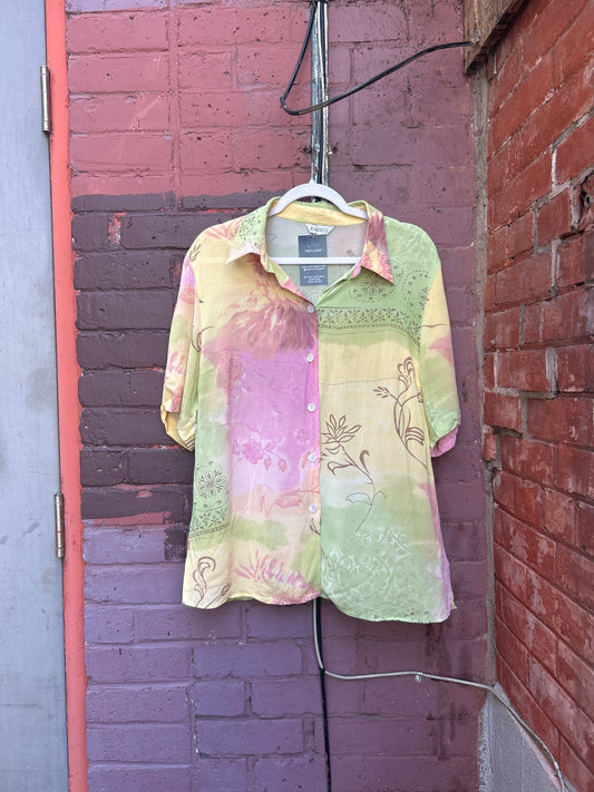 90's Vintage Sheer Yellow Green & Pink Short Sleeve Button Down / Size XL