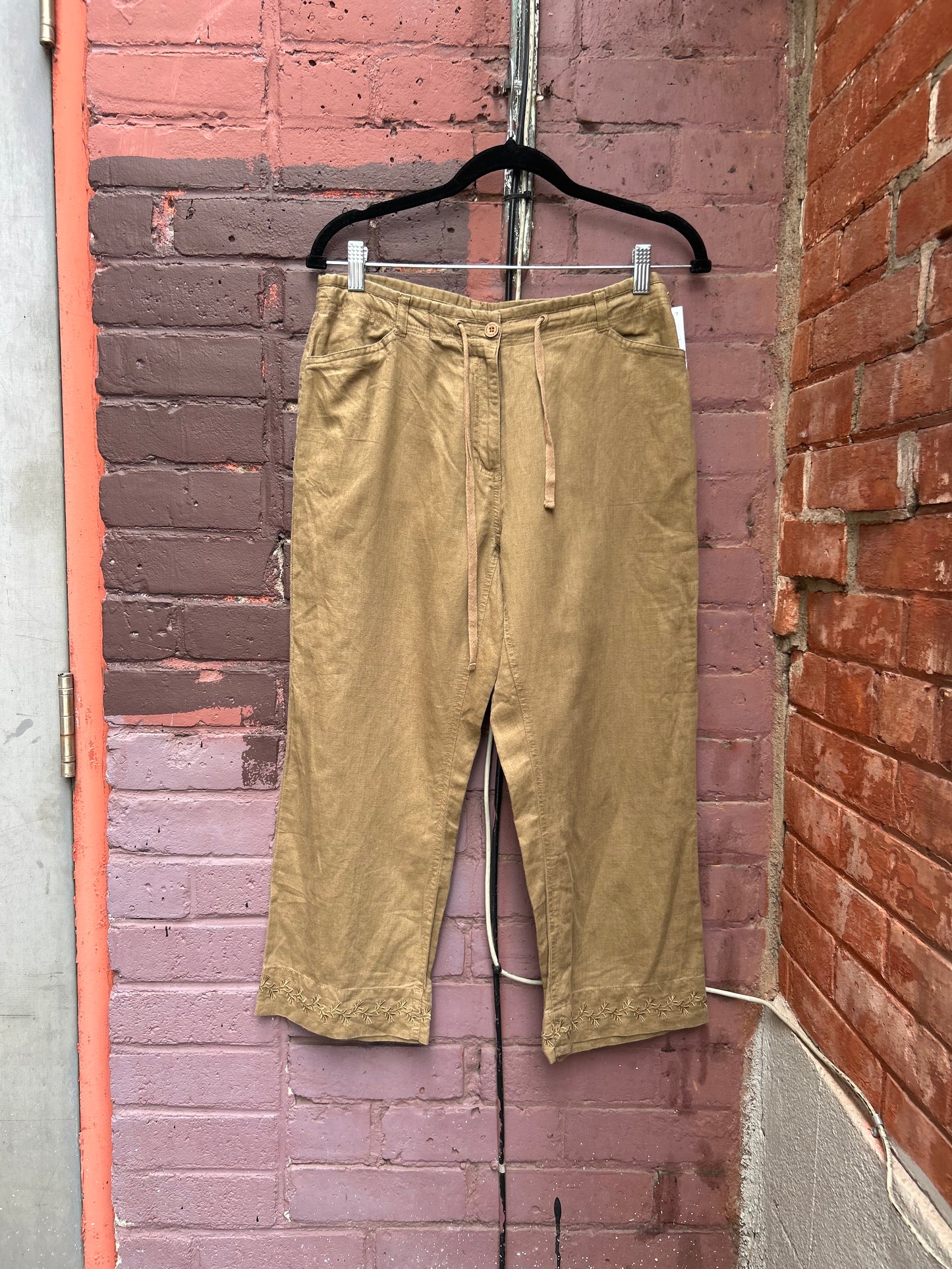 Y2K Vintage Olive Green Linen Embroidered Capris / 30 Waist