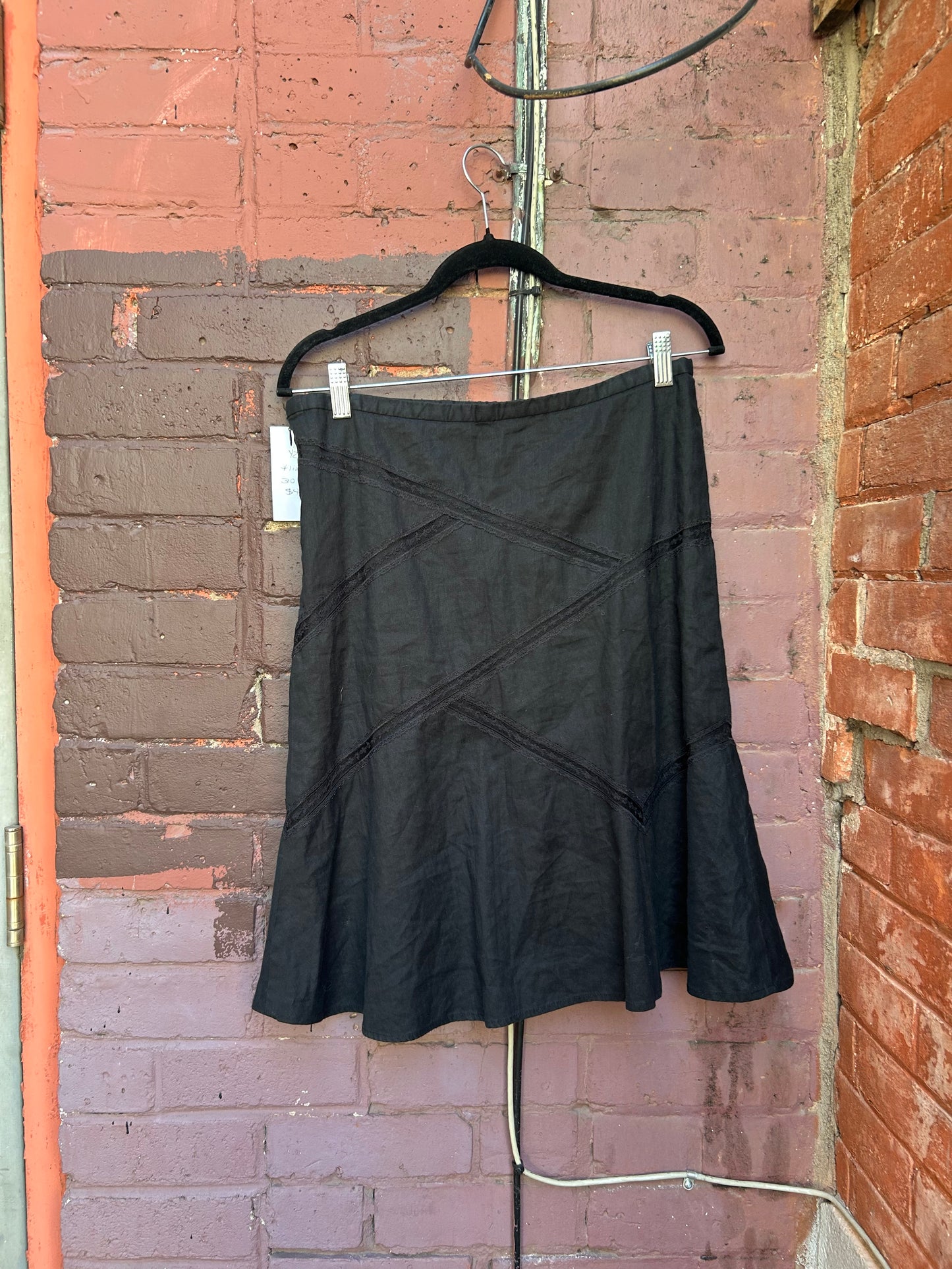 Y2K Black Linen Midi Skirt / 30 Waist