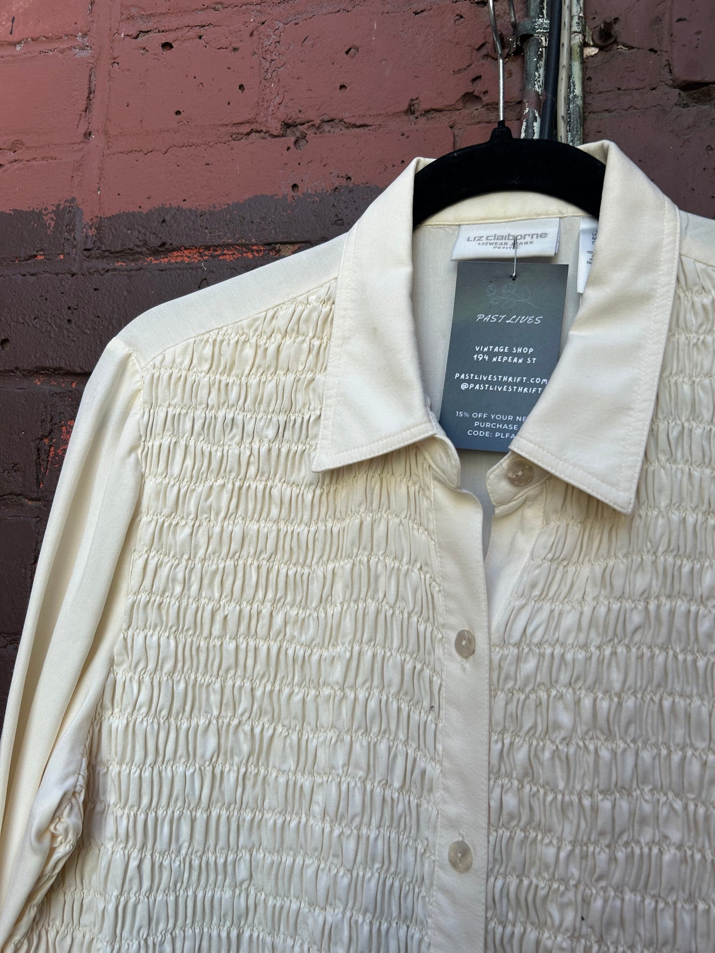 Y2K Vintage Cream Silk Ruched Button Down Blouse / Size L