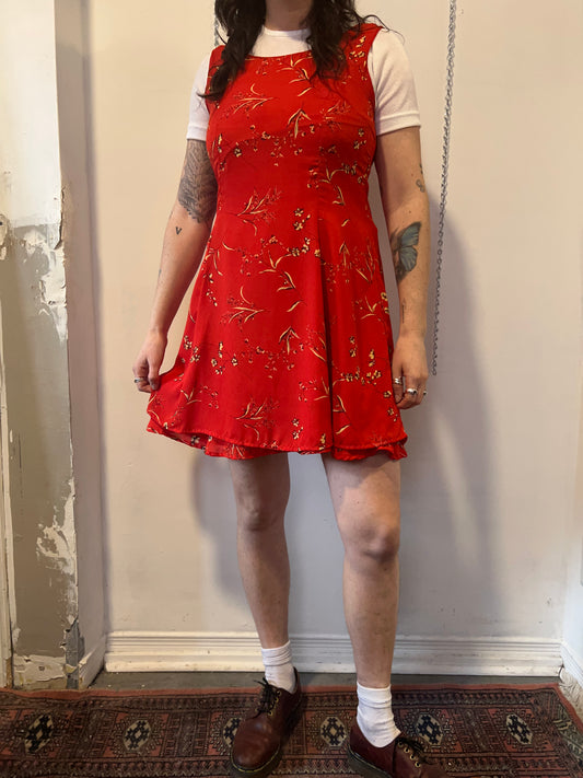 90’s Vintage Red Floral Flowy Mini Dress / Size 8-10