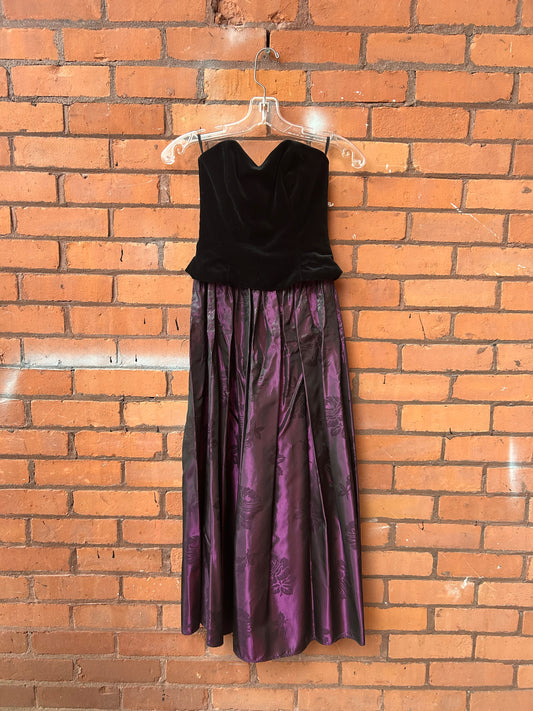 90’s Vintage Laura Ashley Black Velvet Corset Purple Floral Gown / Size 0-2