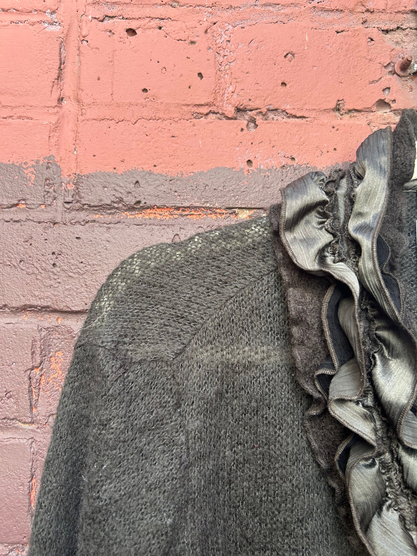 Y2K Vintage Moss Green Mohair Ruffle Tie Cardigan / Size XL