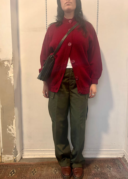 90’s Vintage Deep Red Shetland Wool Cardigan / Size XL