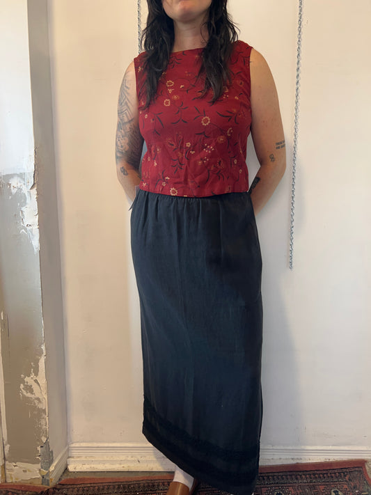 90’s Vintage Black Linen Blend Maxi Skirt / 30-34 Waist