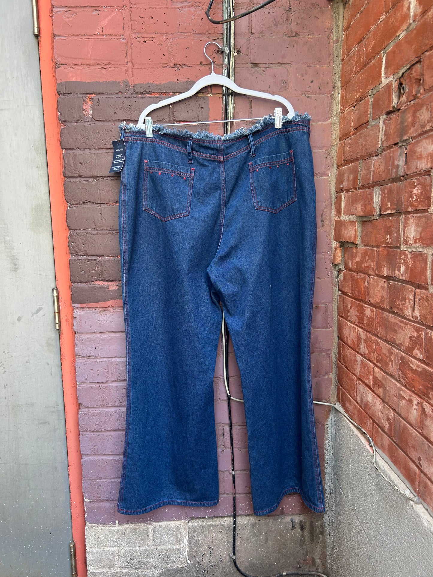 Y2K Vintage Blue & Red Rhinstone Fray Flare Jeans / 44 Waist