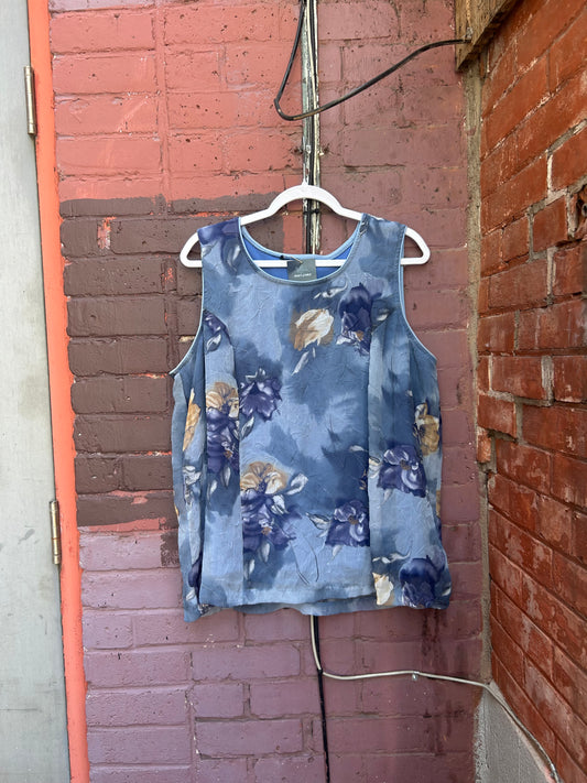 90's Vintage Blue Floral Mesh Overlay Tank / Size 3X