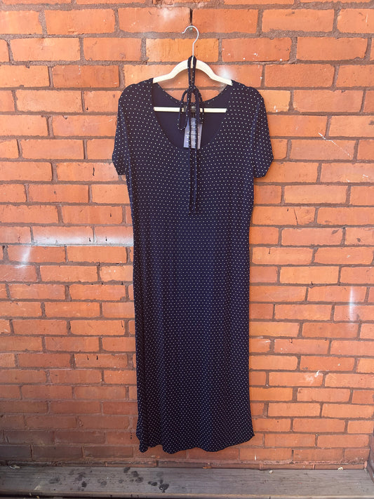 90’s Vintage Navy & White Polka Dot Slinky Maxi Dress / Size XXL