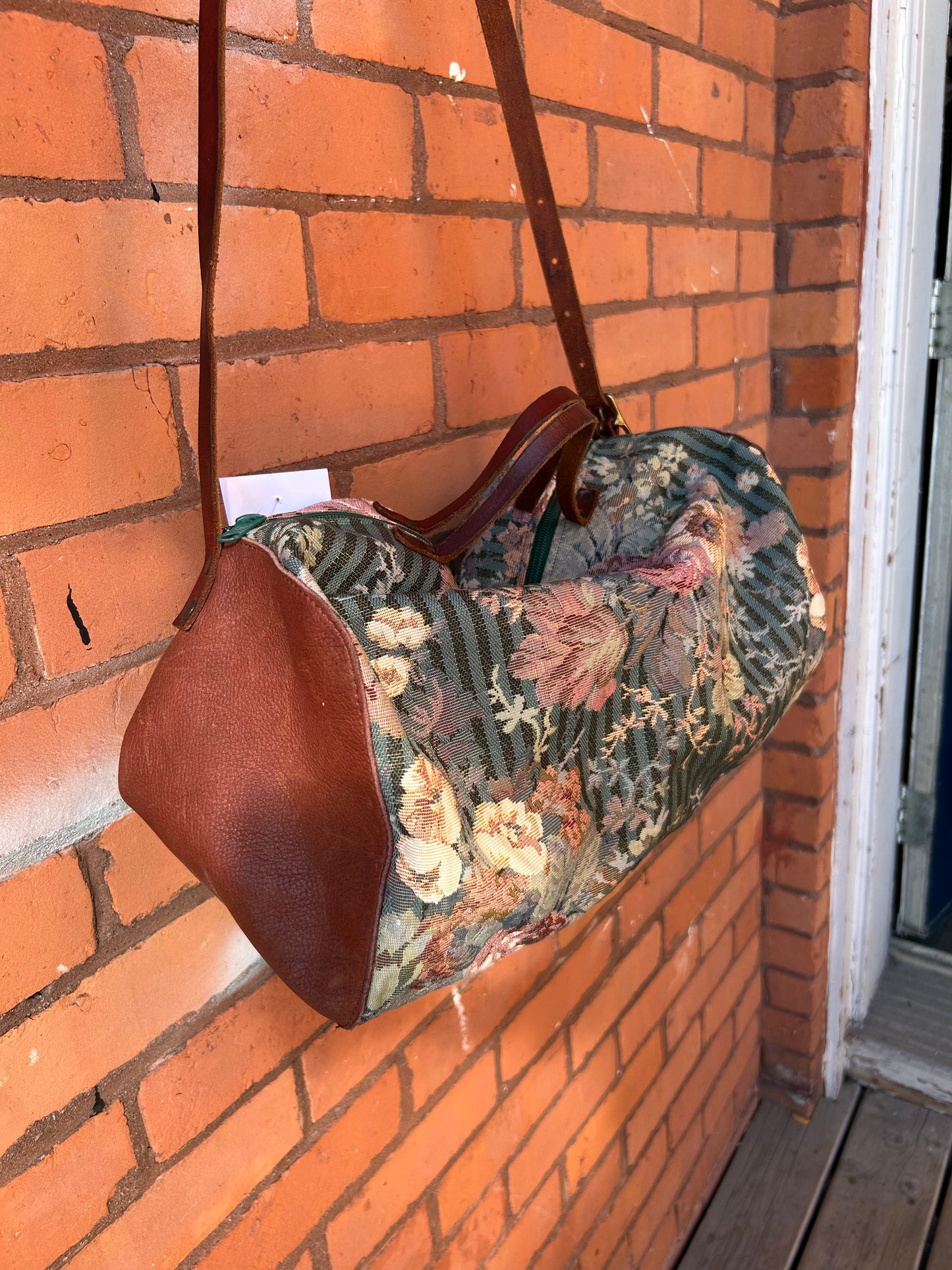 90’s Vintage Floral Tapestry & Brown Leather Duffle Bag