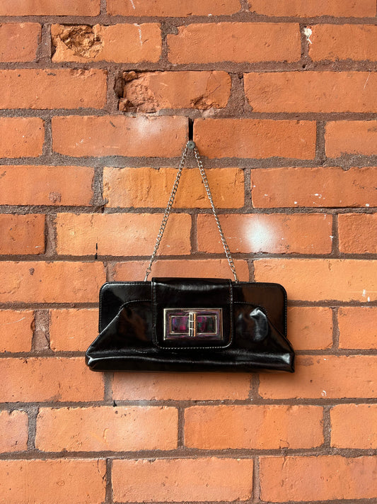 90’s Vintage Black Faux Leather Buckle Chain Purse